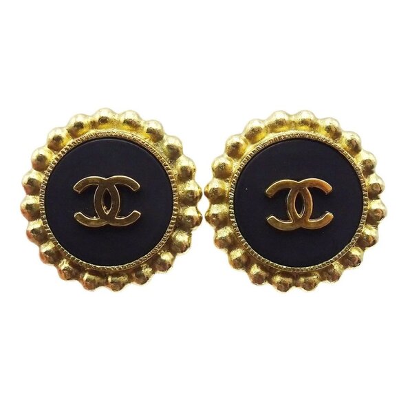 Chanel Button Earrings Clip-On Black 94P 180723 - Picture 1 of 6